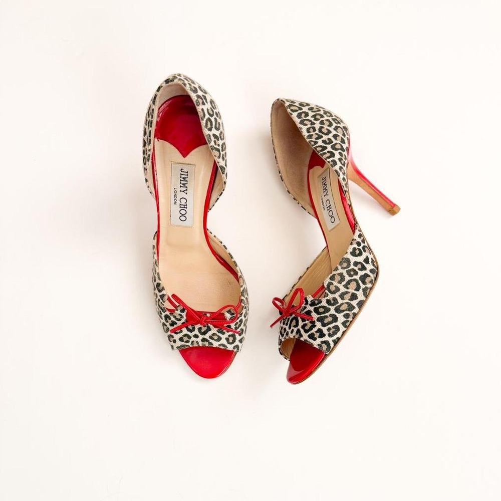Jimmy Choo leopard calf hair red leather open toe vintage luxury IT 38.5 US 8.5